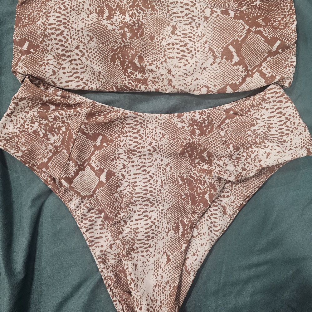 High-Waist Snake Print Bikini Bottom and Bandeau Set - Blush Taupe Swim Suit